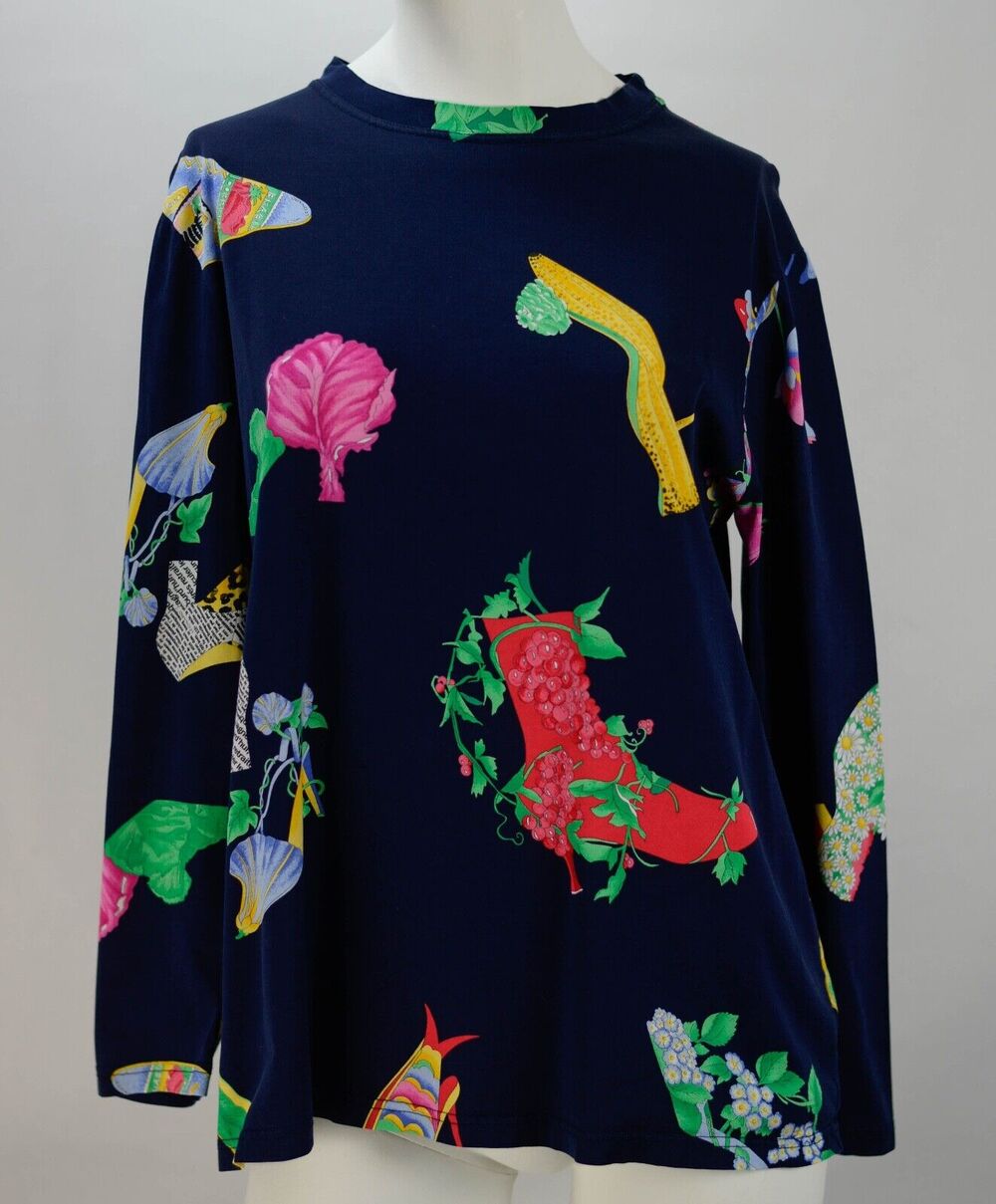 Vintage Leonard Fashion Paris Long Sleeve Navy Bright Veggie Shoes Shirt Sz 3